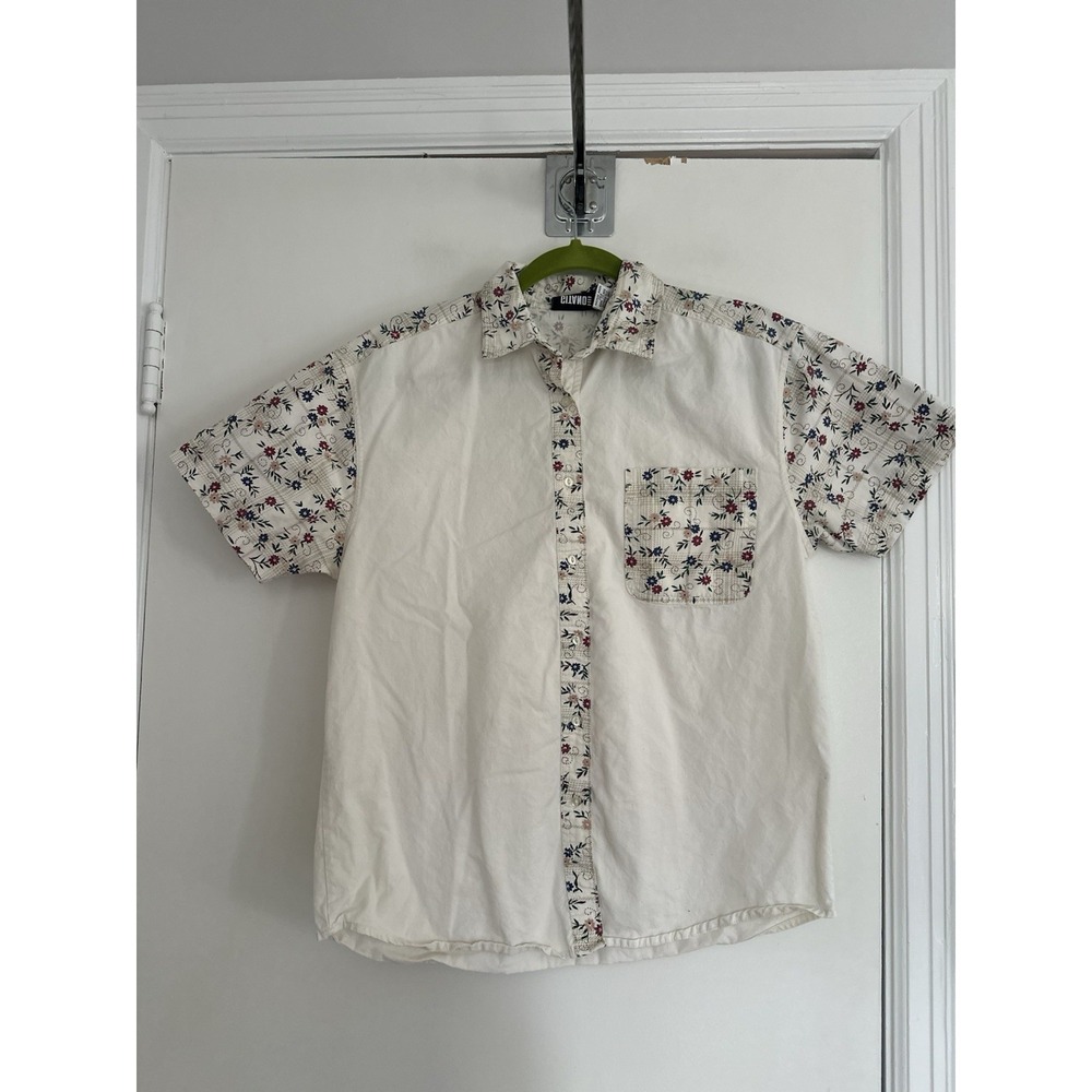Gitano Cottagecore Floral Trim Button Down Top Sz:M Cream Casual Cotton VTG 90s